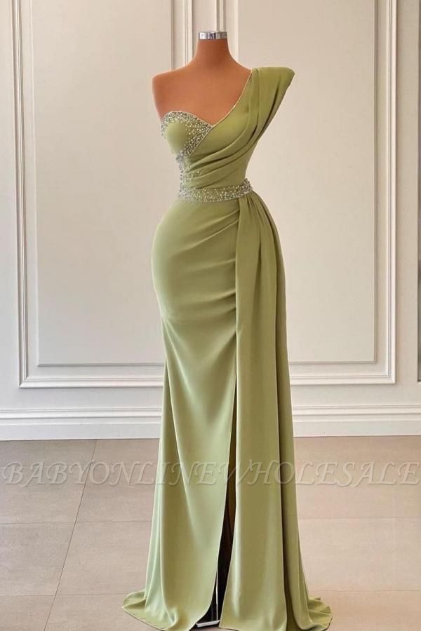 One SHoulder Beads Evening Dress Long Side Slit  Prom Dress with Cape