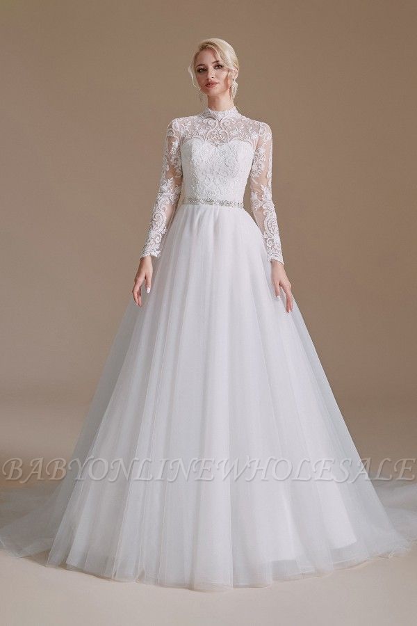 Свадебное платье Aline с высоким вырезом и длинными рукавами, свадебное платье с цветочным кружевом