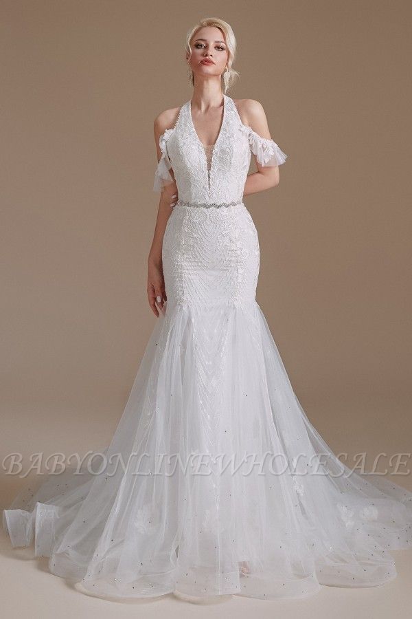 Charming Halter Mermaid  Bridal Dress Off-the-Shoulder White Wedding Dress with Deep V-Neck