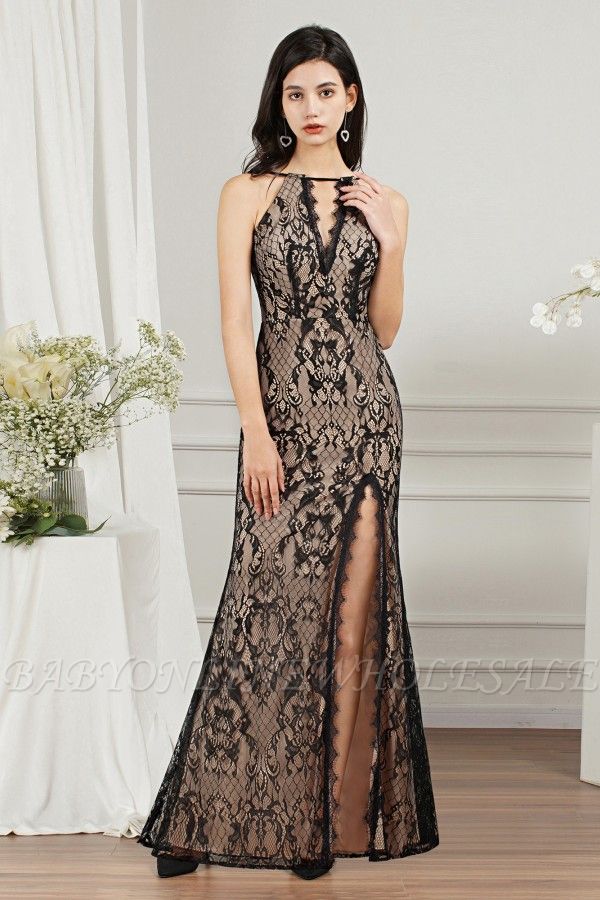 Black lace bridesmaid dress with high split