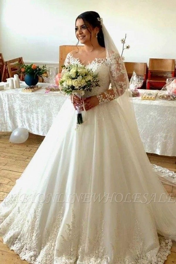 Wunderschönes Brautkleid mit langen Ärmeln Aline Weißes Tüll-Spitzen-Brautkleid