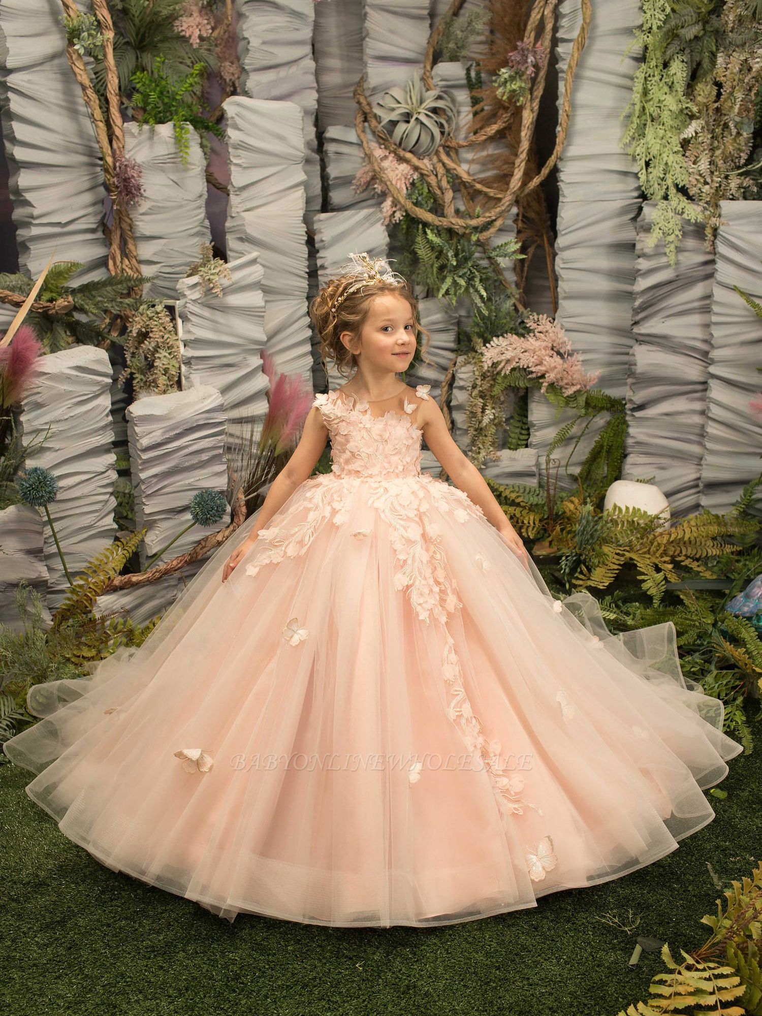 Cute Birthday Party Dress Sleeveless Tulle Floral First Communion Dress for Girl with Train