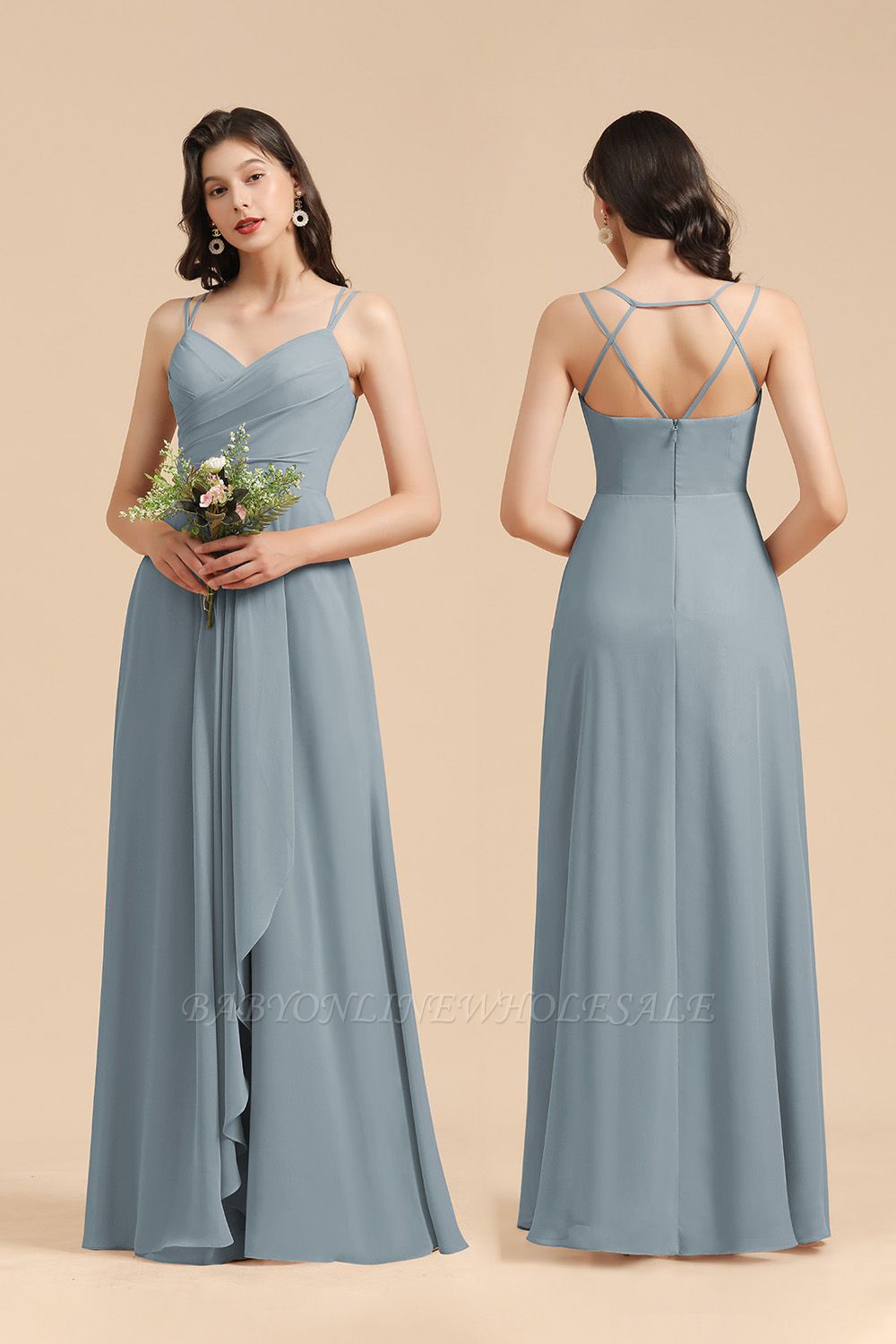 Elegant Ruched Chiffon Bridesmaid Dress Dusty Blue V-Neck Wedding Guest ...