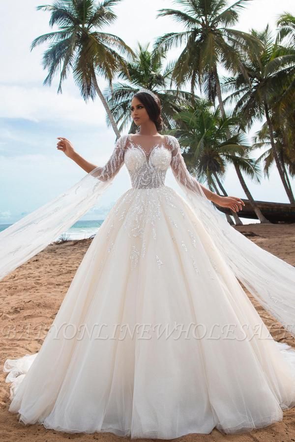 Gorgeous Aline Wedding Dress with Floral Lace  Long Sleeves with large slits Beadings Bridal Dresses