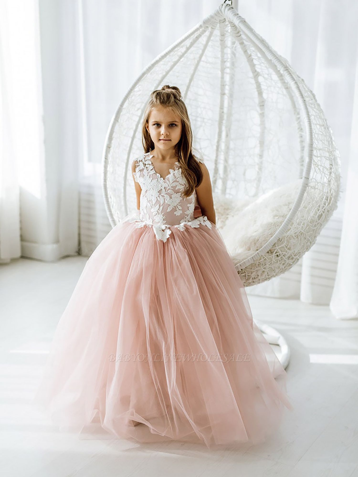 Dusty Pink Flower Girl Dress Tulle Sleeveless Lace First communion ...