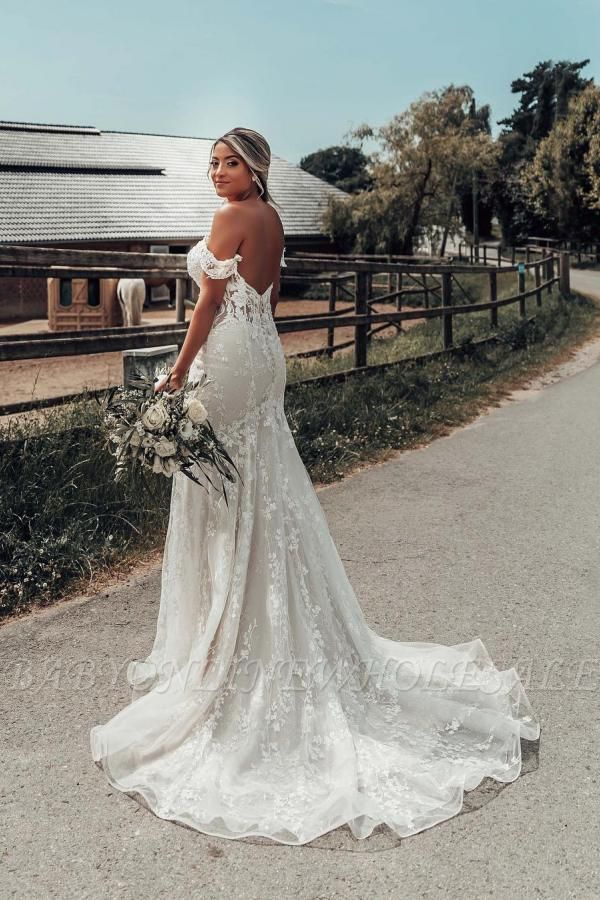 Schönes weißes Meerjungfrau-Hochzeitskleid Off-the-Shoulder-Brautkleid