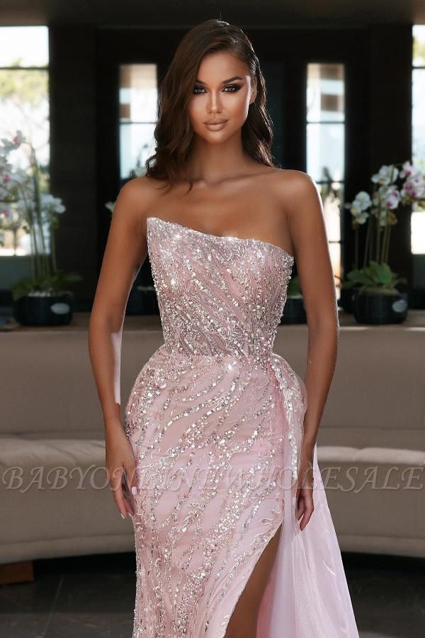 Pink Sparkly Sequins Side Slit Dress Strapless Tulle Prom Gown |