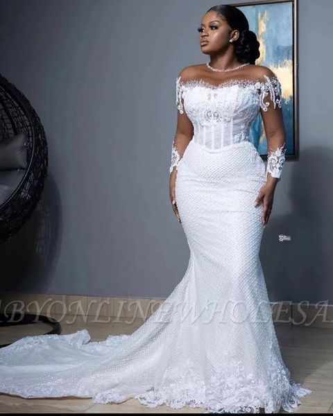 Mermaid Wedding Dress with Long Sleeves Pearls Tulle Lace Bridal Gown Sweep Train
