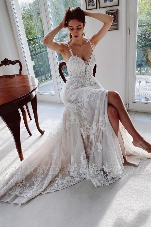 Elegantes, weißes Tüll-Spitzen-Hochzeitskleid, ärmelloses, einfaches Brautkleid