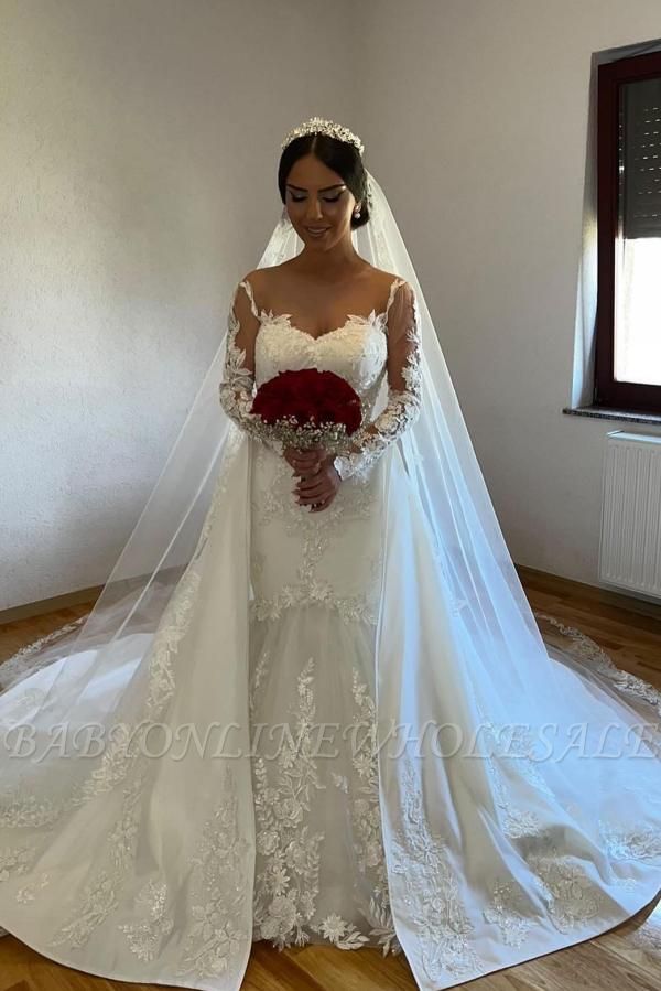 White Tulle Lace Mermaid Wedding Gown with Detachable Sweep Train