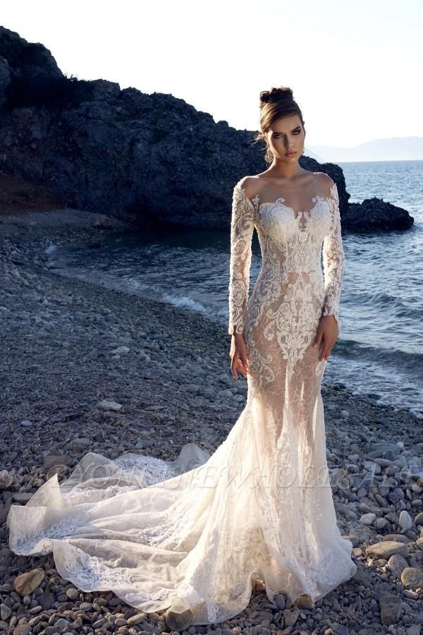 Long Sleeves Mermaid Wedding Dress White Tulle Bridal Gown