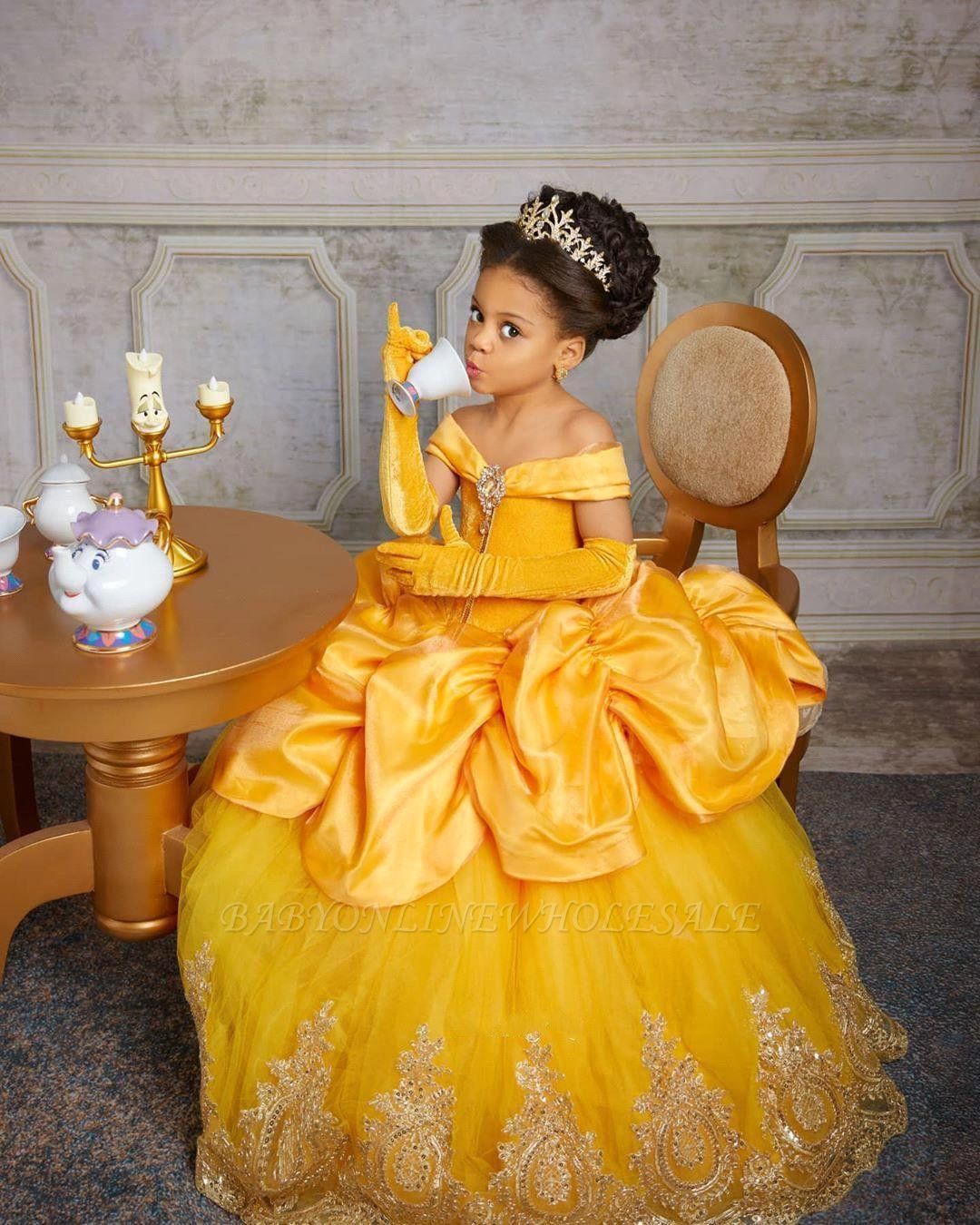 Robe de princesse jaune pour fille pour fête d'anniversaire Robe en tulle de velours à épaules dénudées pour enfants