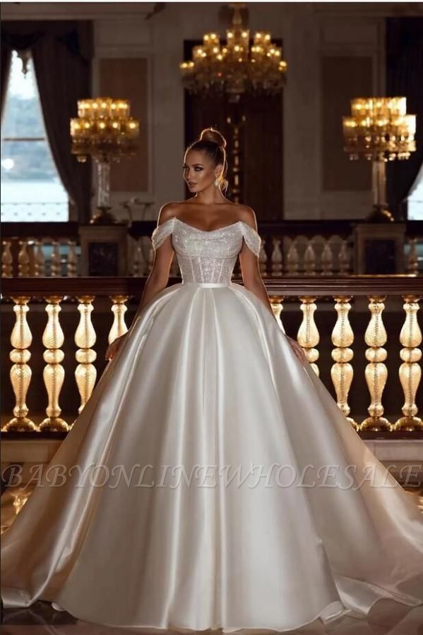 Luxurious Off-the-SHoulder Sparkly Sequins Ball Gown Wedding Dresses Beadings ALine Bridal Gown