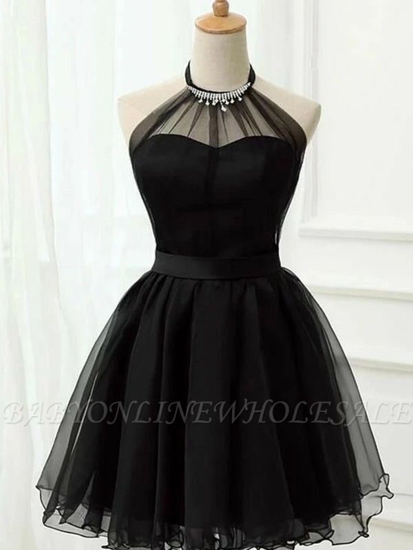 Black Short Homecoming Dress Halter Tulle Prom Dress