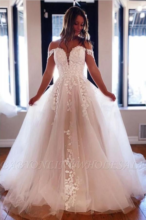 Elegant Off the shoulder lace tulle wedding dress
