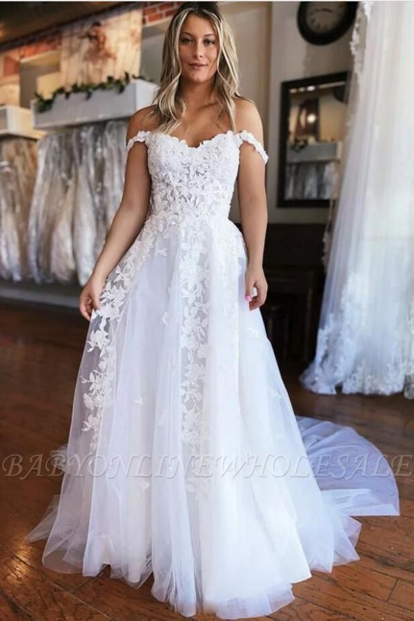 Elegant Off-the-Shoulder White Floral Lace Tulle Wedding Dress