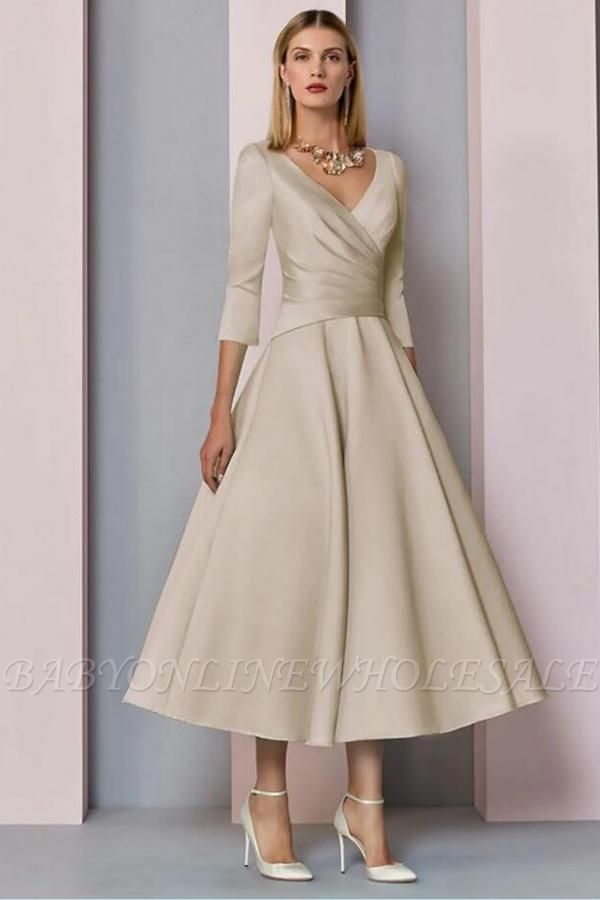 Elegant Half Sleeves Satin Wedding Guest Dress Mother of the Bride Dress Ankle Length