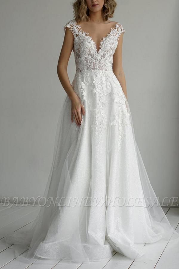 Chic Floral Lace Tulle Wedding Dress Aline Cap Sleeves Bridal Dress Long