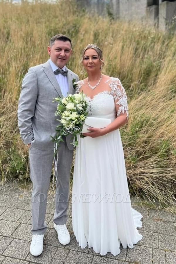 Elegant Half Sleeves Chiffon Wedding Dress Crew Neck Floral Lace Long Dress for Bride