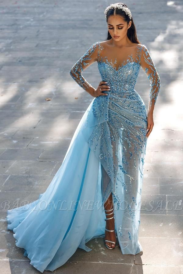 Новое небесно-голубое длинное платье для выпускного вечера с блестками и бисером