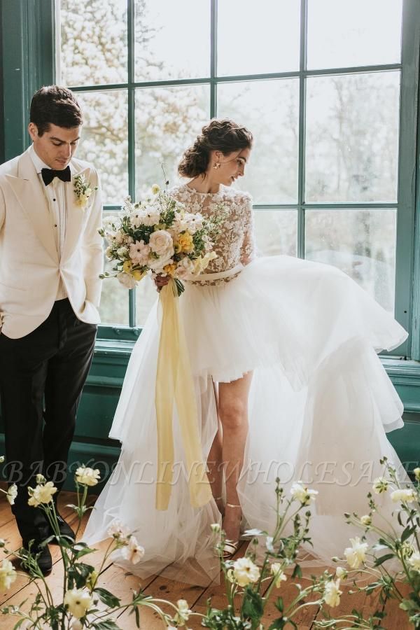 Elegante vestido de novia de manga larga de tul Hi-Lo Vestido de novia de encaje floral Aline