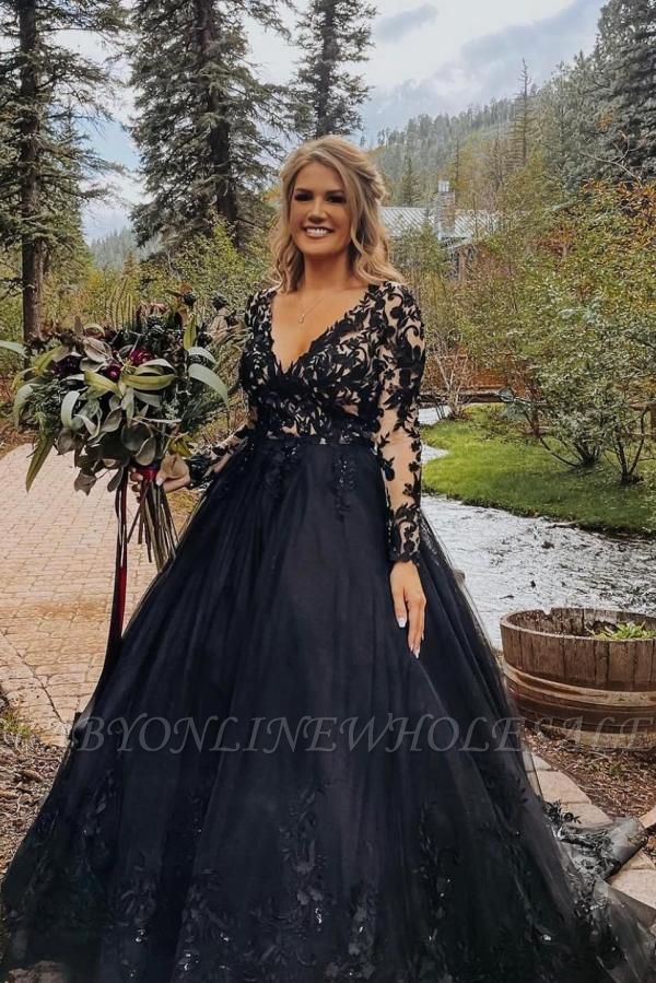 Elegant black V-neck a-line ball gown prom dress