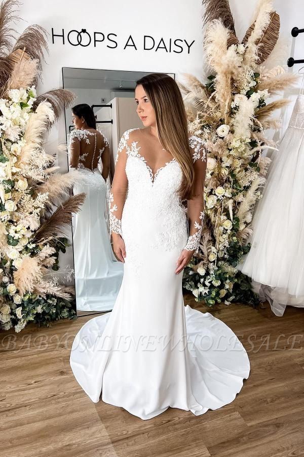 Charmoso vestido de noiva de mangas compridas vestido de noiva floral renda sereia
