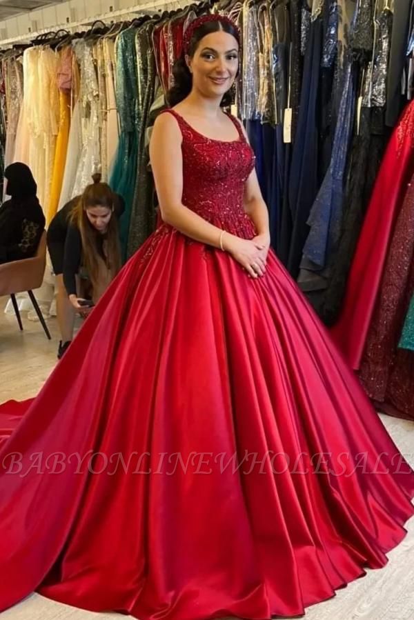 Red Square Neck Long Evening Dress Lace Satin Aline Ball Gown Backless