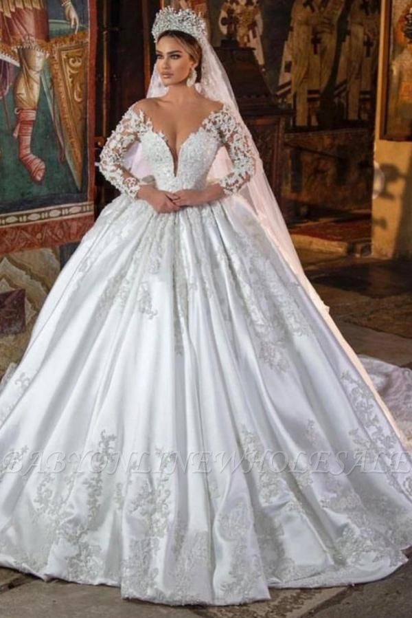 Magnífico vestido de novia de manga larga Apliques de encaje floral en 3D Vestido de novia con cuello en V