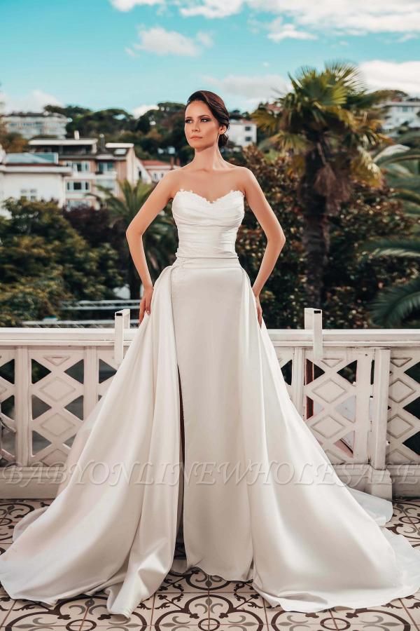 Sweetheart Strapless Ruched Satin Long Mermaid Bridal Gown Side Split with Sweep Train