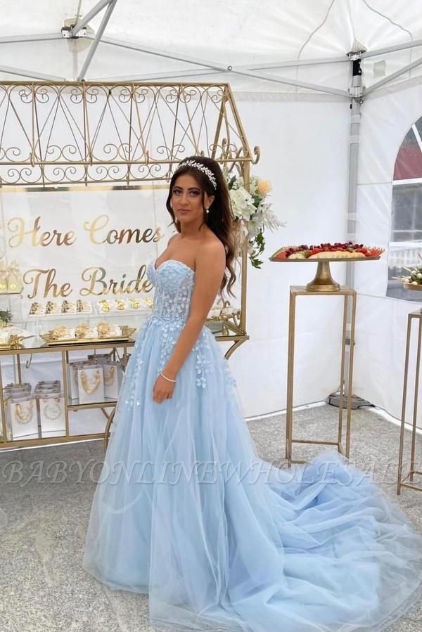 Strapless sky blue tulle ball gown prom dress