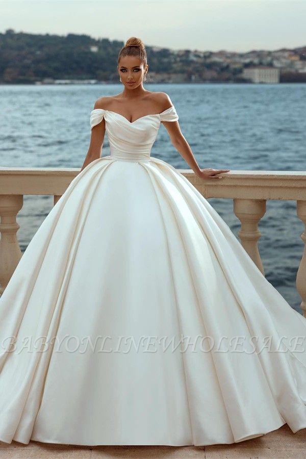 Elegantes, schulterfreies, trägerloses Satin-Ballkleid-Hochzeitskleid