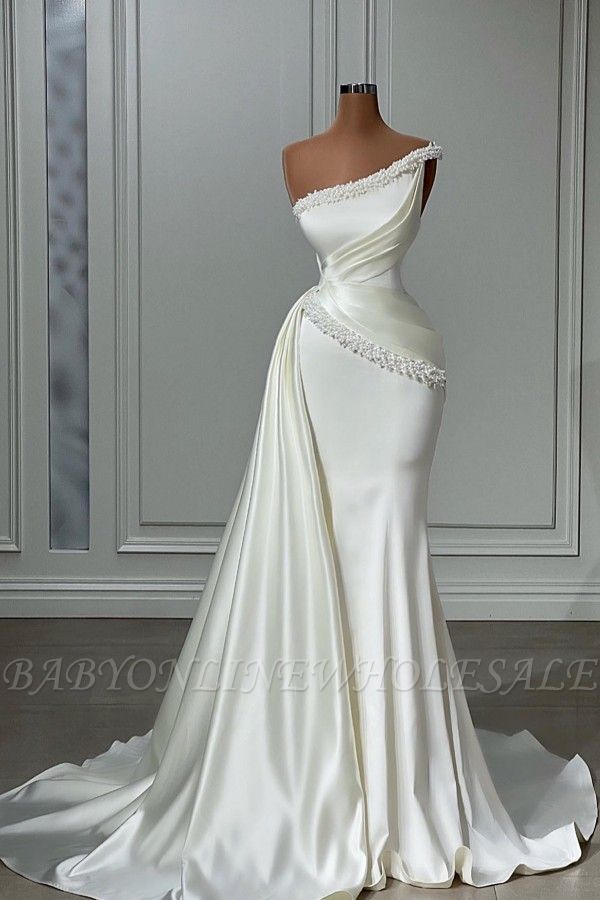 One shoulder mermaid white prom dress with beads
