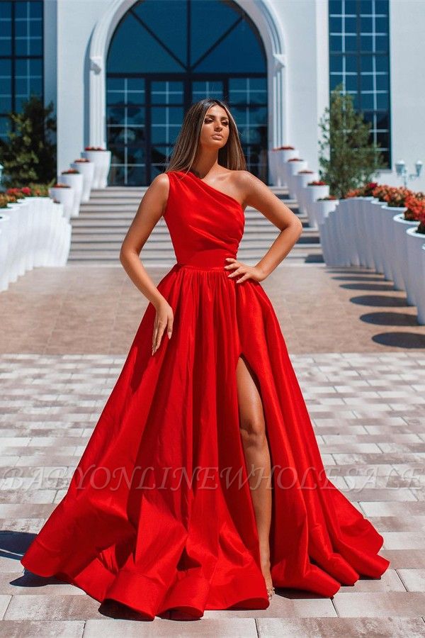 Red Asymmetrical One Shoulder ALine Floor Length Stretch