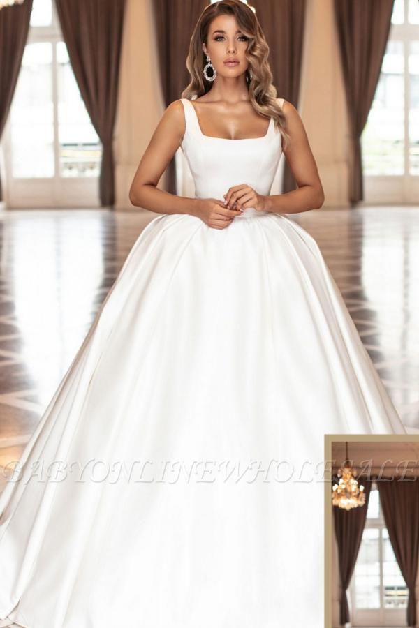 Simple White Square Straps Satin Ball Gown Wedding Dress