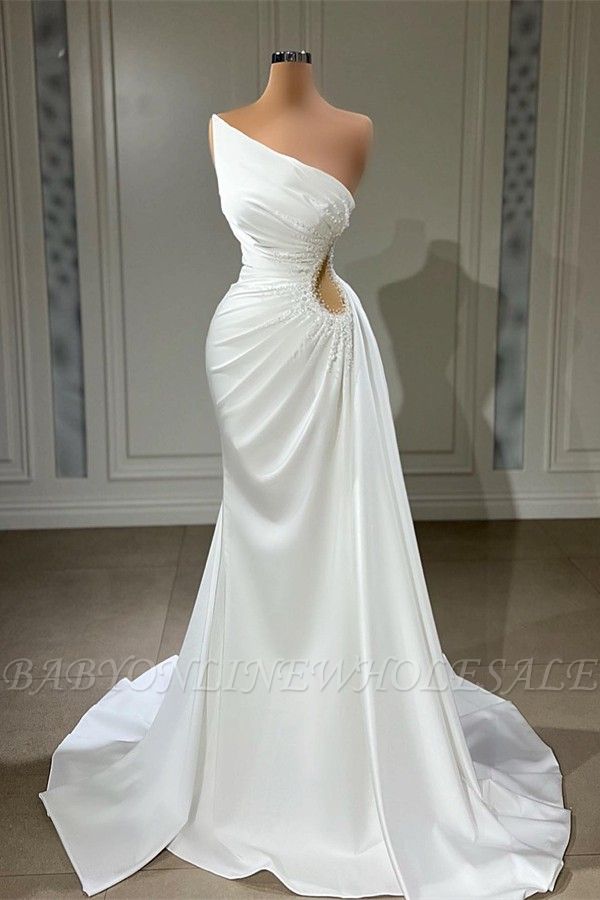 One shoulder Pearls Sleeveless keywhole White Prom dresses