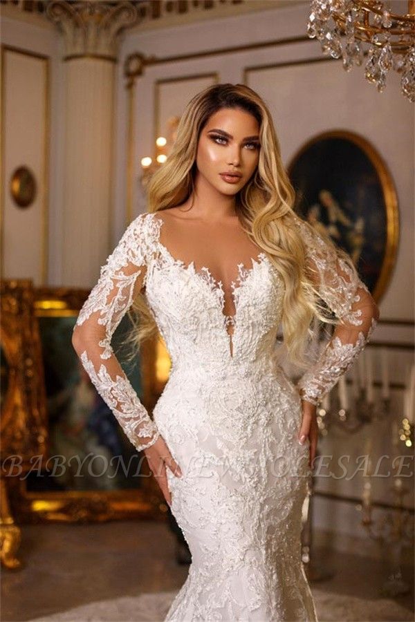 Gorgeous A-line Sweetheart Mermaid Long Sleeves Lace Wedding Dress