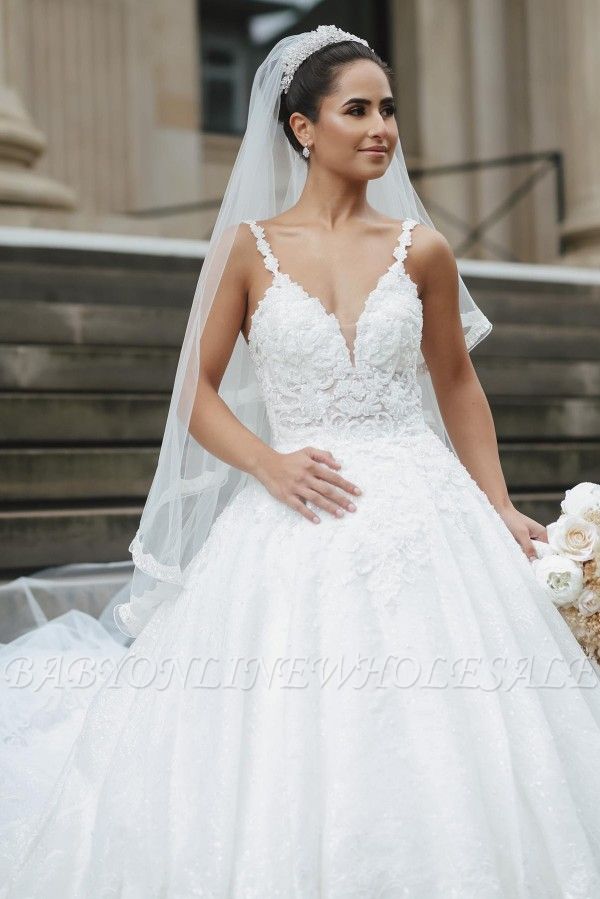 Straps V-neck white tulle ball gown wedding dress