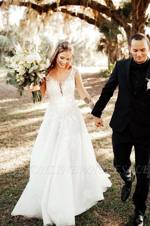 V-neck simple sleeveless floor length forest wedding dress