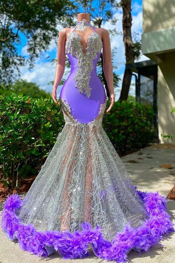 Очаровательное фиолетовое атласное платье выпускного вечера длиной до пола с аппликацией