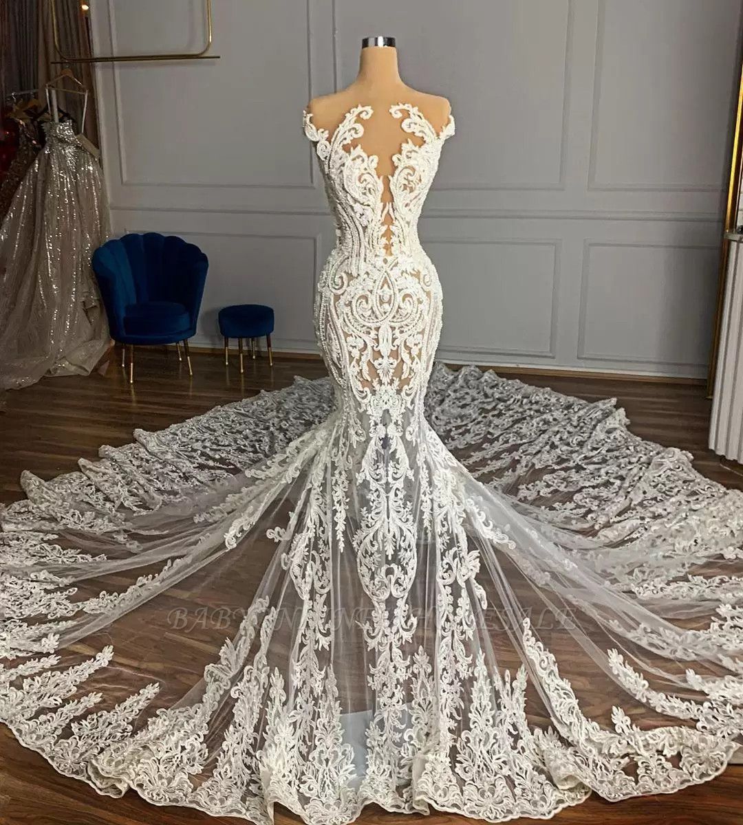 Charming Jewel Garden Vestido de novia de tul sirena sin mangas con apliques
