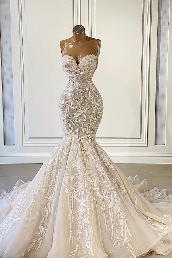 Charming Floor Length Sweetheart Sleeveless Mermaid Wedding Dress with Appliques