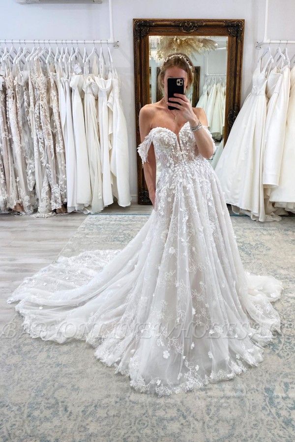 Charming Floor Length Sweetheart Off-The-Shoulder Sleeveless A Line Lace Wedding Dress with Court Train