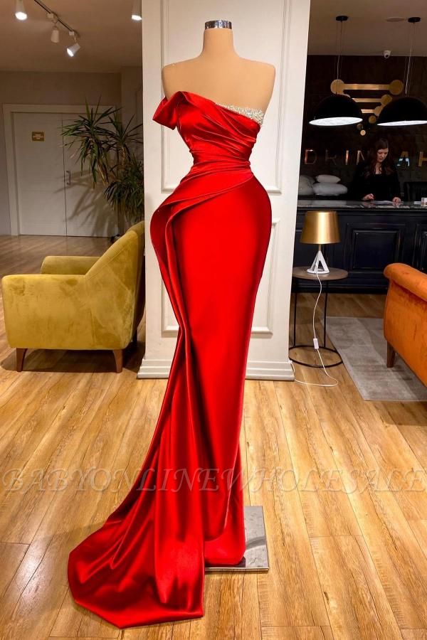Elegant Ruby Strapless Mermaid  Floor Length Stretch Satin Prom Dress