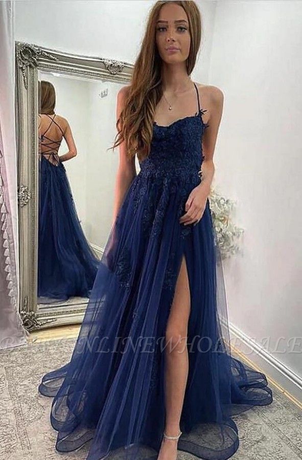 Navy Blue Halter Front Slit Spaghetti Straps A-Line Tulle Prom Dress