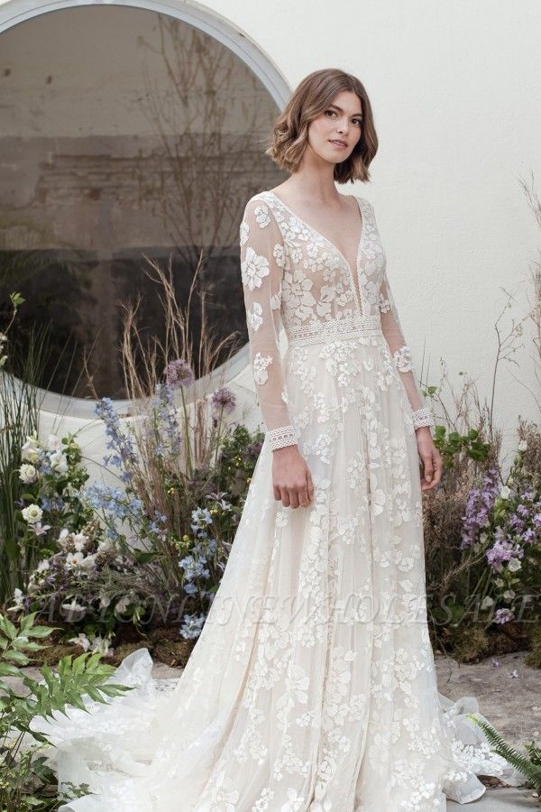 Exquisite Floor Length Sweetheart Long Sleeves A Line Hollow Lace Wedding Dress with  Chapel Train