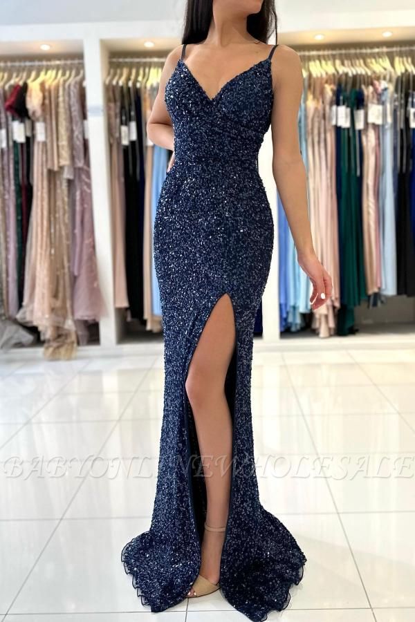 Deluxe Sequined Royal Blue Spaghetti Straps Split Side Floor Length Prom Dress