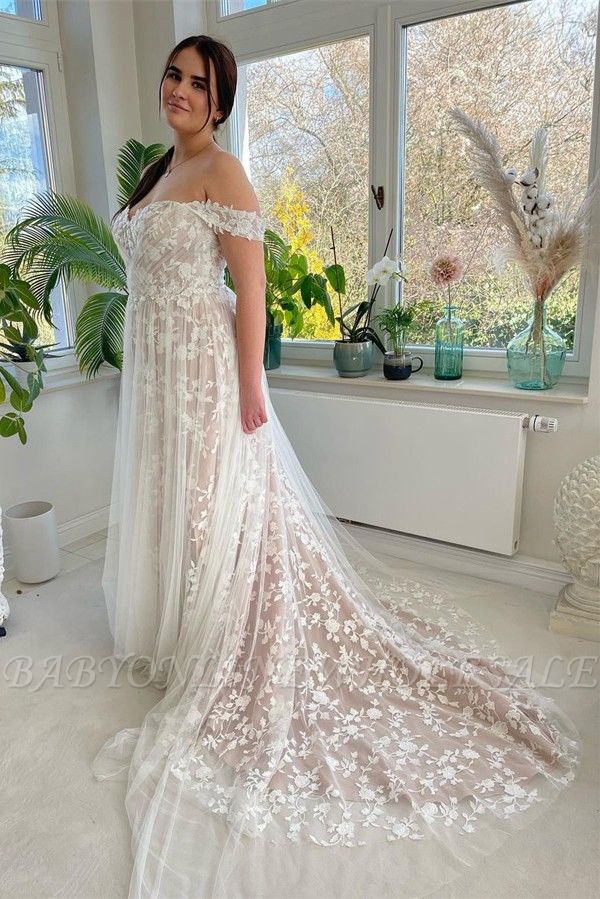 Charming Floor Length Sweetheart Sleeveless A Line Off-The-Shoulder Tulle Wedding Dress with Applique