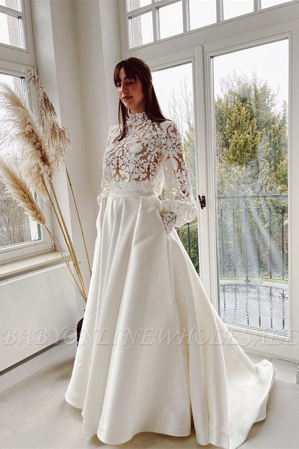 Vestido de Noiva Encantador Decote Alto Manga Longa Renda Sereia Com Apliques