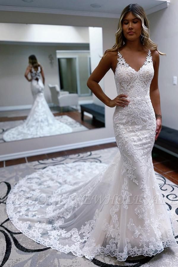 Gorgeous Lace Straps Mermaid Wedding Dress with Train